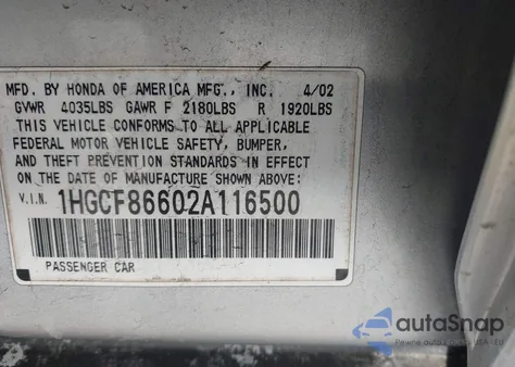 2002 Honda Accord 2.3 Vp из США, поврежденный, VIN 1HGCF86602A116500